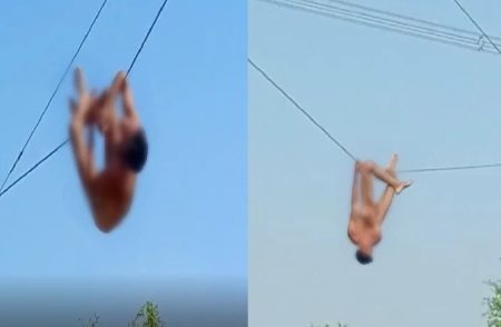 ನಗ್ನವಾಗಿ ವಿದ್ಯುತ್ ತಂತಿ ಮೇಲೆ ಯುವಕನ ಸ್ಟಂಟ್