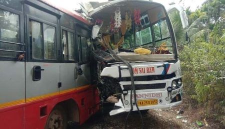 ಮಕ್ಕಳ ಪ್ರವಾಸದ ಬಸ್—ಕೆಎಸ್ ಆರ್ ಟಿಸಿ ಬಸ್ ನಡುವೆ ಮುಖಾಮುಖಿ ಡಿಕ್ಕಿ