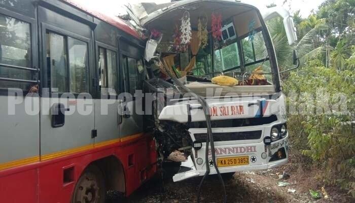 ಮಕ್ಕಳ ಪ್ರವಾಸದ ಬಸ್—ಕೆಎಸ್ ಆರ್ ಟಿಸಿ ಬಸ್ ನಡುವೆ ಮುಖಾಮುಖಿ ಡಿಕ್ಕಿ