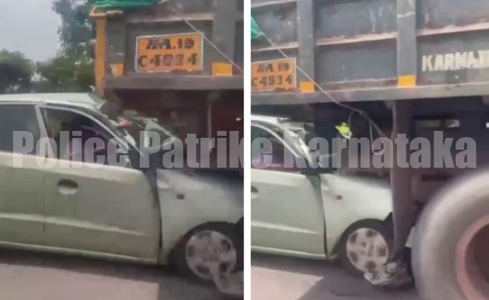 ಉಡುಪಿ: ಡಿಕ್ಕಿ ಹೊಡೆದ ಕಾರನ್ನು ಕಿಲೋಮೀಟರ್ ಗಟ್ಟಲೇ ಎಳೆದುಕೊಂಡು ಹೋದ ಟಿಪ್ಪರ್