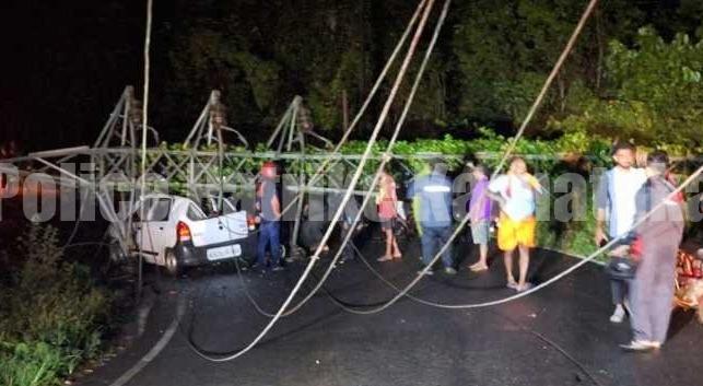 ಬೆಳ್ತಂಗಡಿ: ಕಾರು ಮೇಲೆ ಕುಸಿದು ಬಿದ್ದ ವಿದ್ಯುತ್ ಟವರ್ – ಸಂಪೂರ್ಣ ವಿದ್ಯುತ್ ಸ್ಥಗಿತ
