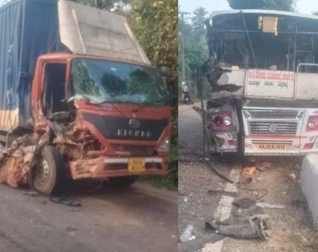 ಬಂಟ್ವಾಳ: ಕಂಟೈನರ್ ಟ್ರಕ್ ಮತ್ತು ಖಾಸಗಿ ಬಸ್ ಗಳ ನಡುವೆ ಅಪಘಾತ- ಟ್ರಕ್ ಚಾಲಕ ಗಂಭೀರ