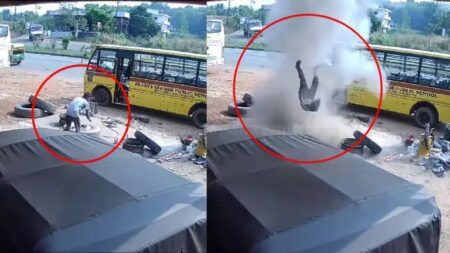 ಉಡುಪಿ: ಗಾಳಿ ತುಂಬುವಾಗ ಟಯರ್ ಸ್ಪೋಟ!