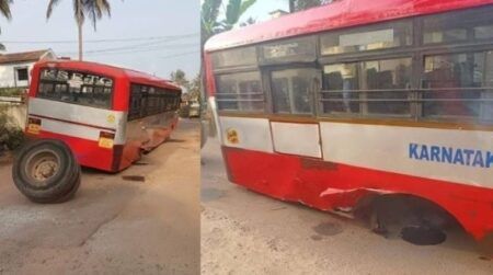 ಬೆಳ್ತಂಗಡಿ: ಚಲಿಸುತ್ತಿರುವಾಗಲೇ ಎರಡು ಚಕ್ರ ಕಳಚಿ ನಿಂತ ಕೆಎಸ್ಆರ್ಟಿಸಿ ಬಸ್