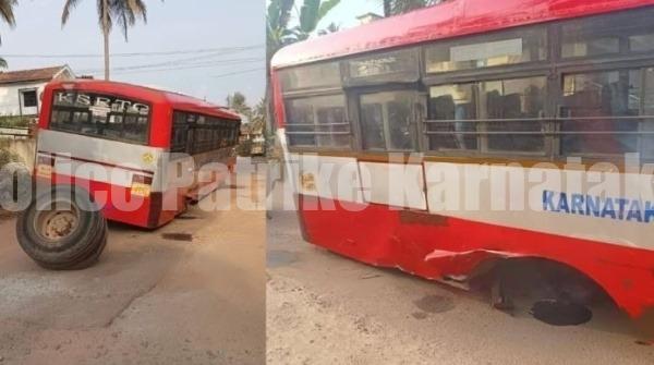 ಬೆಳ್ತಂಗಡಿ: ಚಲಿಸುತ್ತಿರುವಾಗಲೇ ಎರಡು ಚಕ್ರ ಕಳಚಿ ನಿಂತ ಕೆಎಸ್ಆರ್ಟಿಸಿ ಬಸ್