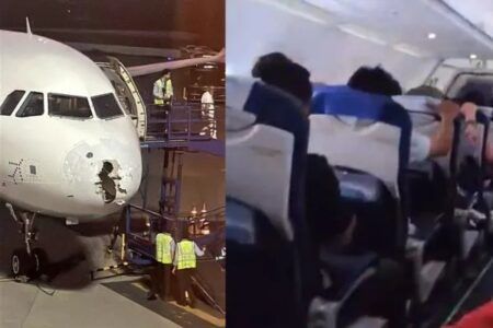 ಆಗಸದಲ್ಲೇ ಆಲಿಕಲ್ಲು ಹೊಡೆತ- ವಿಮಾನ ಜಖಂ