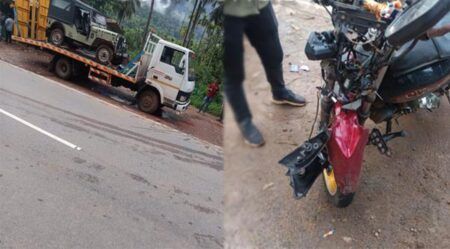 ಟೋವಿಂಗ್ ವಾಹನ ಮತ್ತು ಬೈಕ್ ನಡುವೆ ಭಾರೀ ಡಿಕ್ಕಿ: ಸವಾರನ ಸ್ಥಿತಿ ಗಂಭೀರ