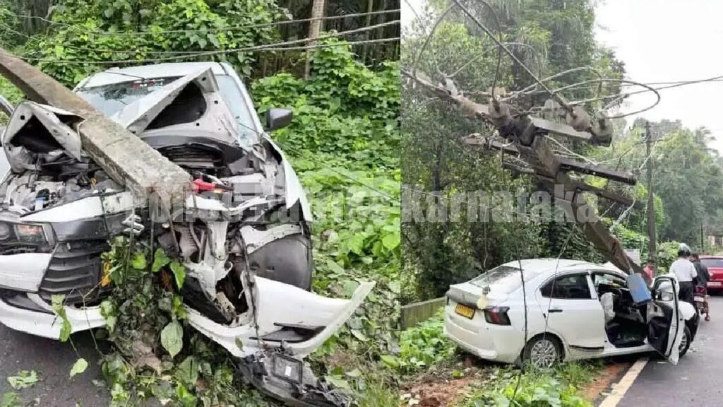 ನಿಯಂತ್ರಣ ತಪ್ಪಿದ ಕಾರು ವಿದ್ಯುತ್ ಕಂಬಕ್ಕೆ ಢಿಕ್ಕಿ: ಕಾರು ಸಂಪೂರ್ಣ ಜಖಂ