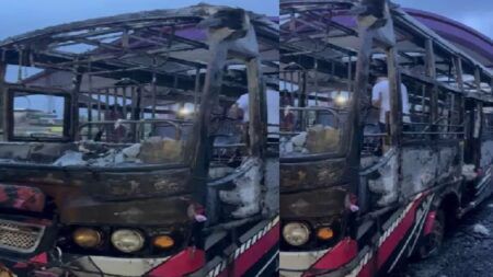 ಉಡುಪಿ: ಪೆಟ್ರೋಲ್ ಬಂಕ್ ನಲ್ಲಿ ನಿಲ್ಲಿಸಿದ್ದ ಬಸ್ ಗೆ ಬೆಂಕಿ !!